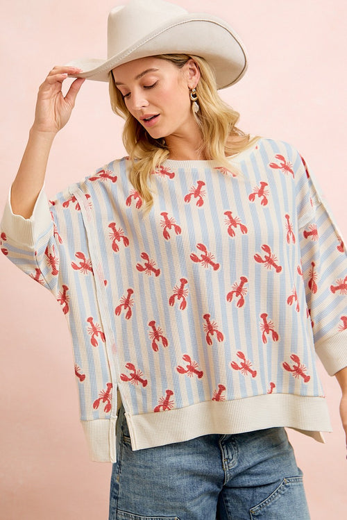 BiBi 4th Of July Lobsters Stripe Waffle Knit Sleeve Top